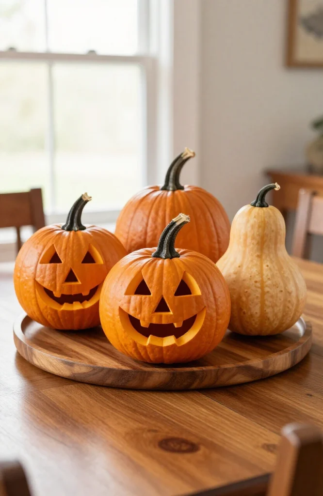 Carved Pumpkin Cluster on a Wooden Tray