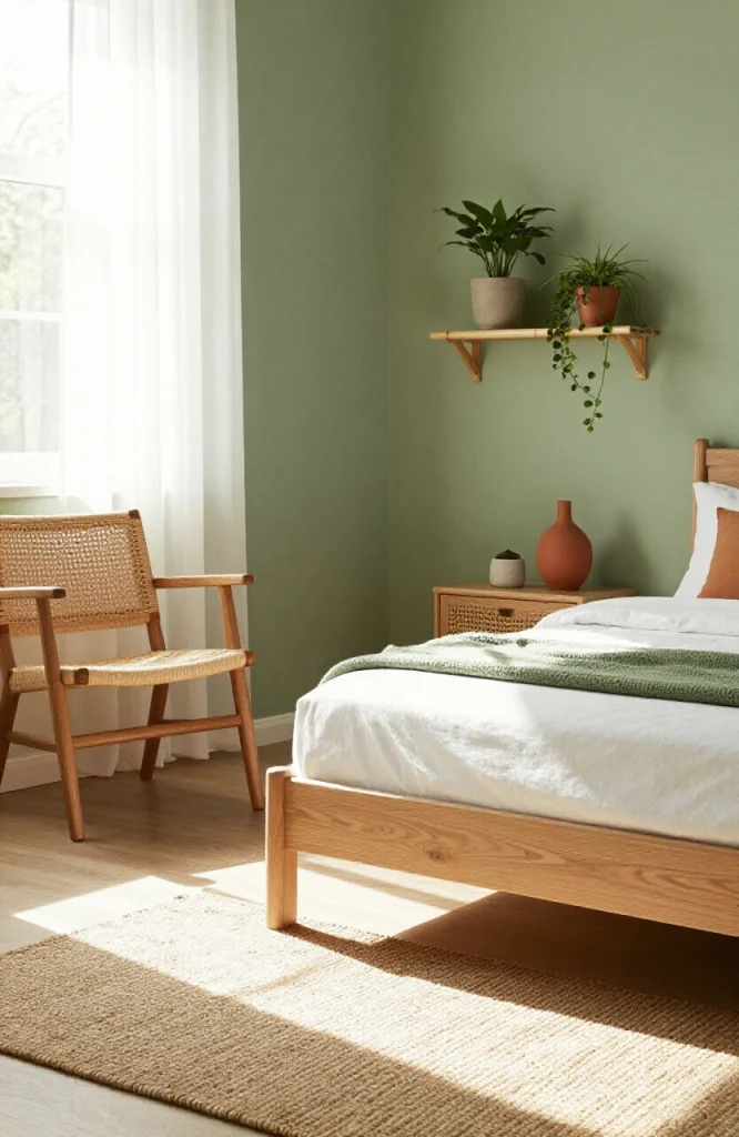 Earthy Biophilic Sage Green Bedroom