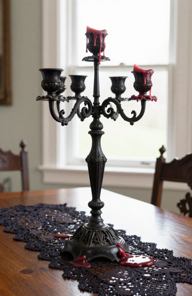 Gothic Black Candelabra with Dripped Red Wax