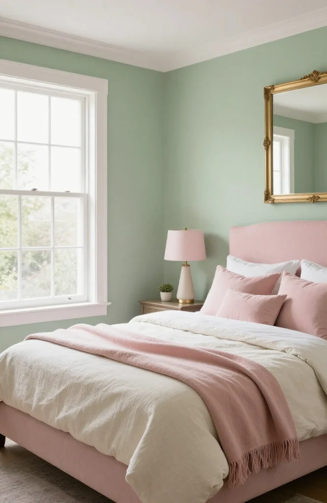 Sage Green and Pink Romantic Bedroom