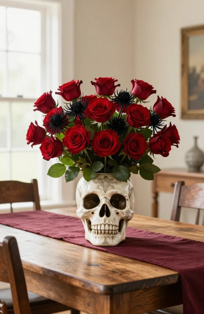 Skull Vase with Dark Florals