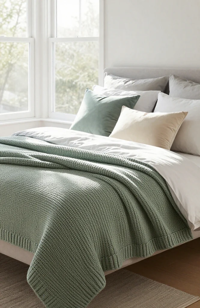 Sage Green Throw Blanket and Accent Pillows