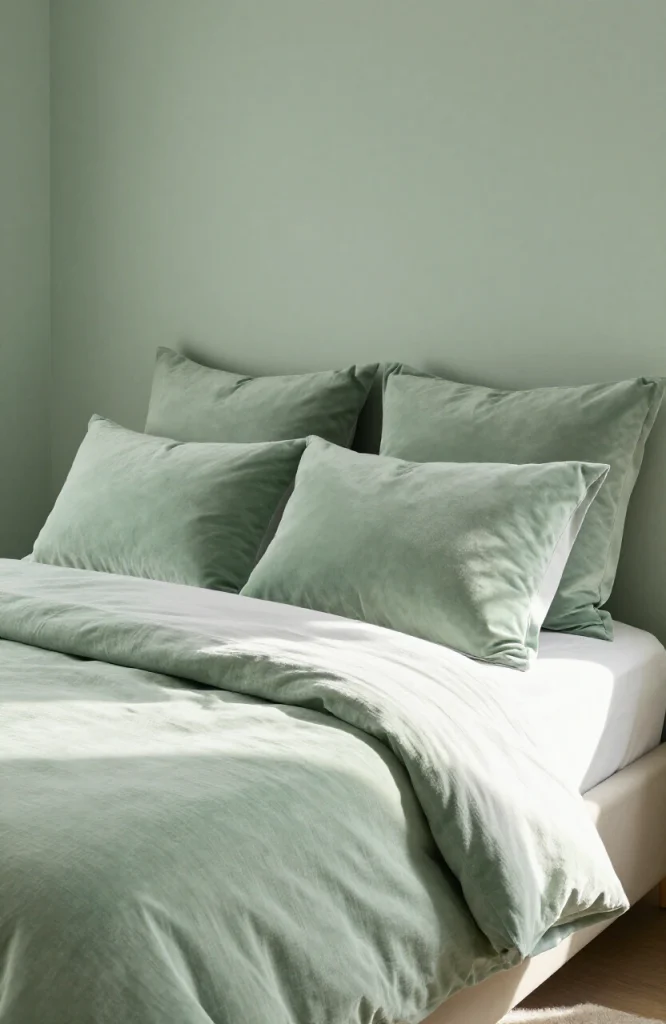 Tonal Sage Green Bedding to Match the Walls