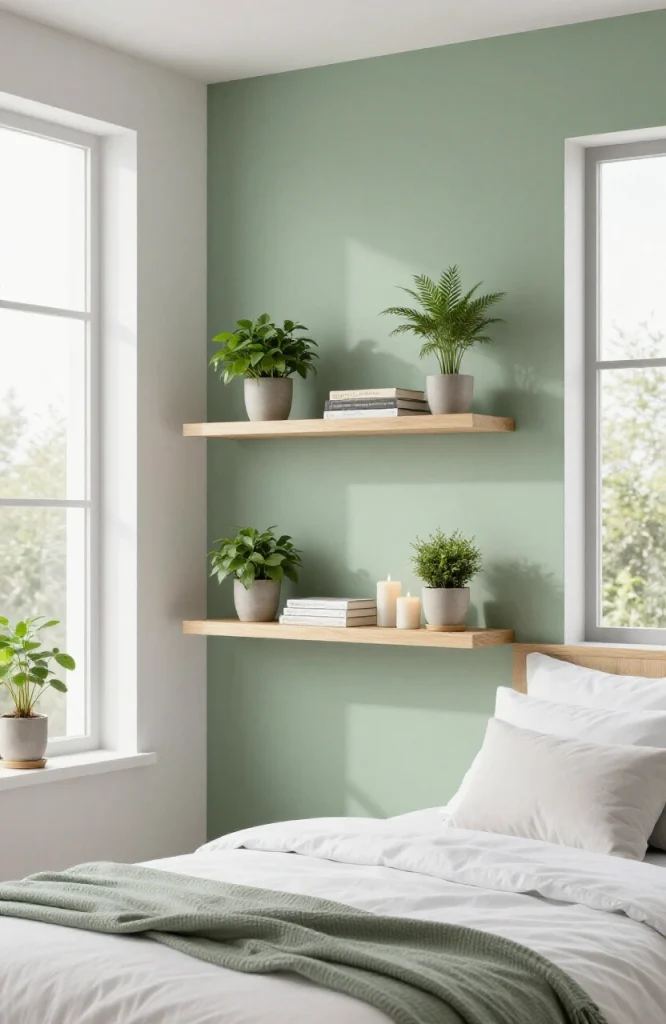Sage Green with Floating Shelves