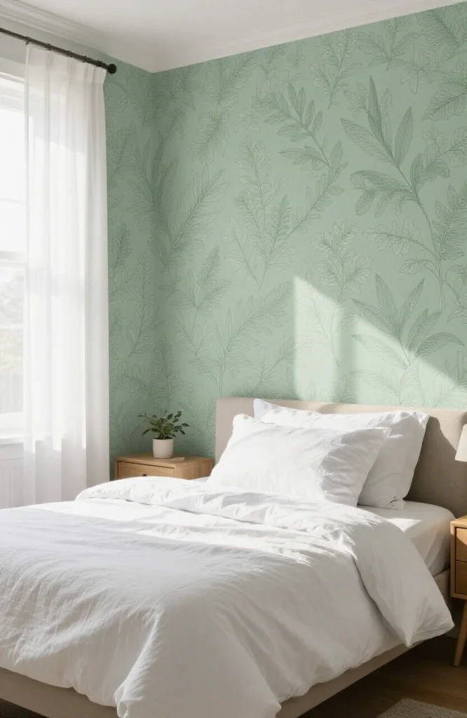Sage Green Wallpaper with Botanical Prints