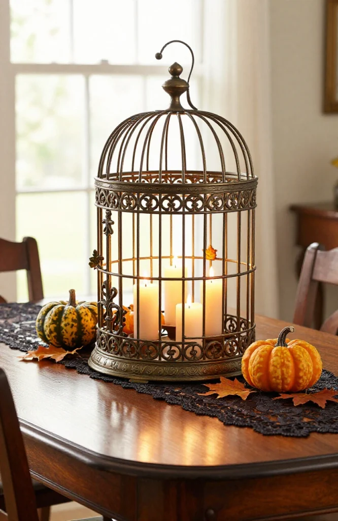 Vintage Birdcage with Candles and Gourds