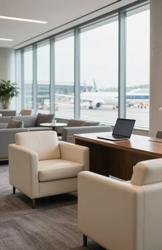 Professional workspace in airport lounge with laptop, noise-canceling headphones, and organized desk area for productive remo