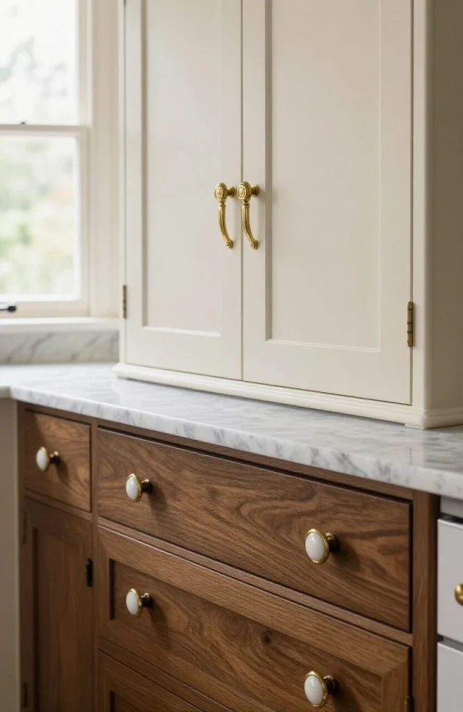 Close-up of antique brass bin pulls and porcelain-brass combination knobs installed on dark wooden Victorian kitchen cabinet