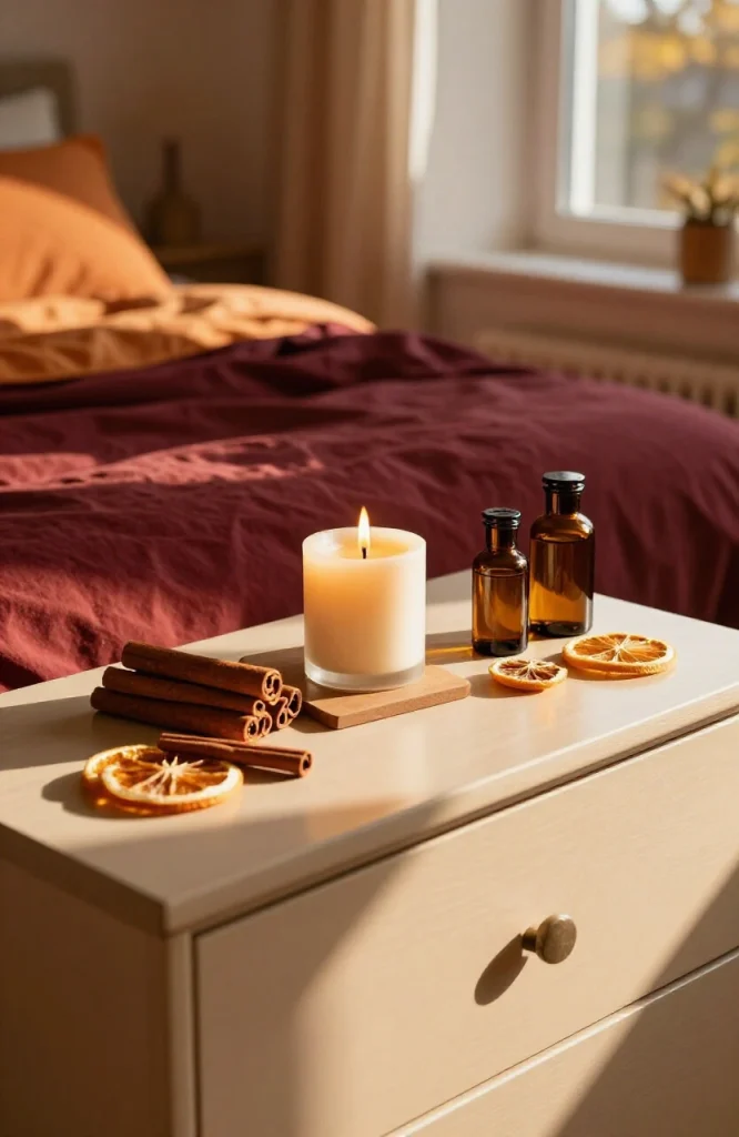 Bedroom dresser decorated with autumn-scented candles and seasonal fragrance items for Halloween ambiance
