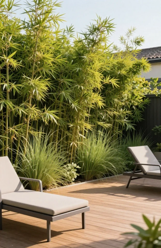 Plunge pool surrounded by tall bamboo privacy screening and ornamental grasses in compact backyard landscape