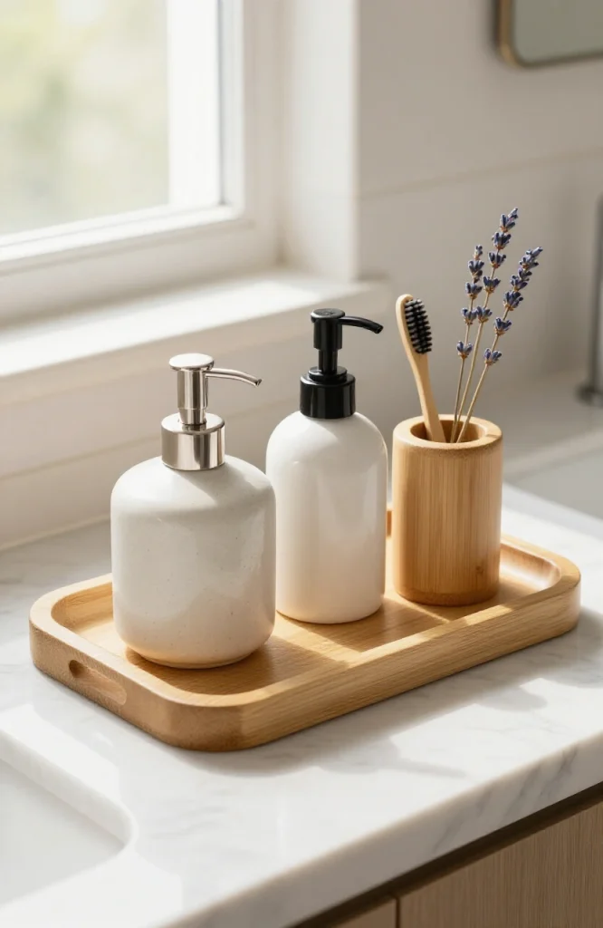 Bamboo tray holding matching soap and lotion bottles for bathroom vanity organization
