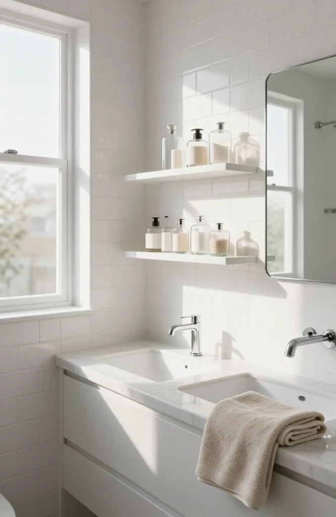 Organized bathroom vanity with decluttered countertop and neatly arranged toiletries and storage containers