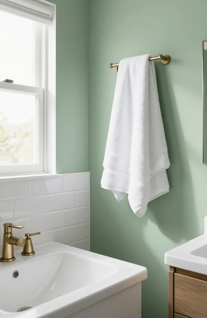 Bathroom with freshly painted walls in soft neutral color, modern vanity, and updated lighting fixtures