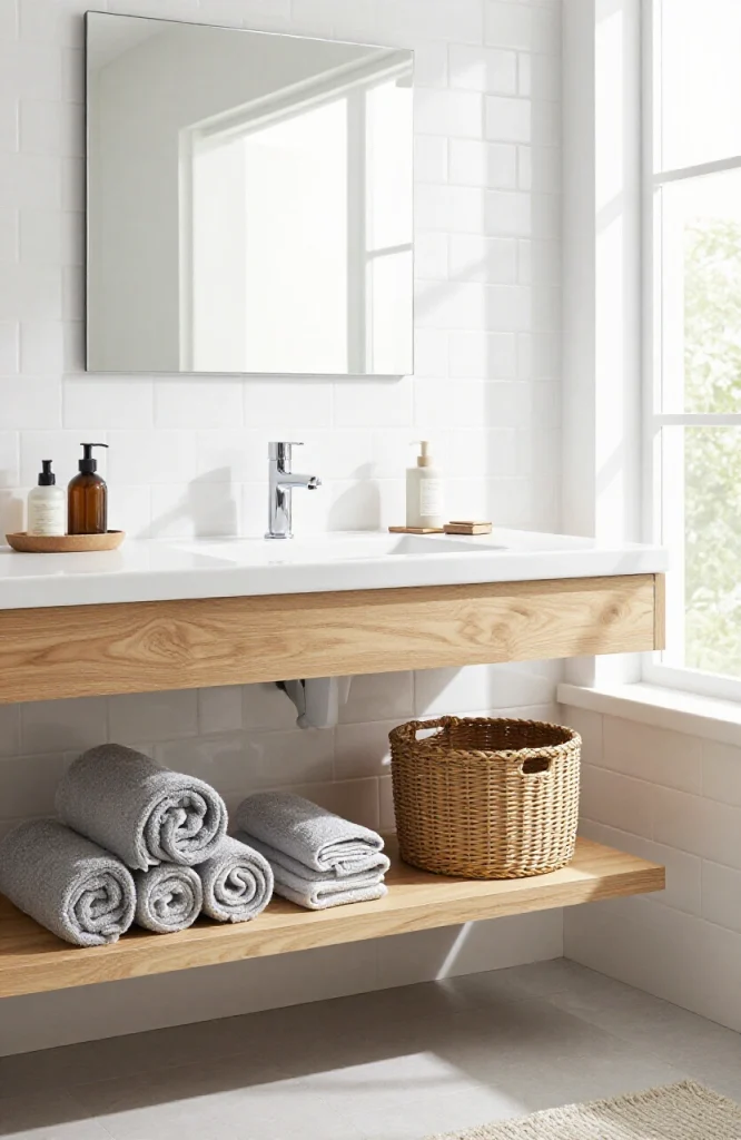 Modern bathroom vanity with open shelving and woven baskets for organized storage and bathroom organization