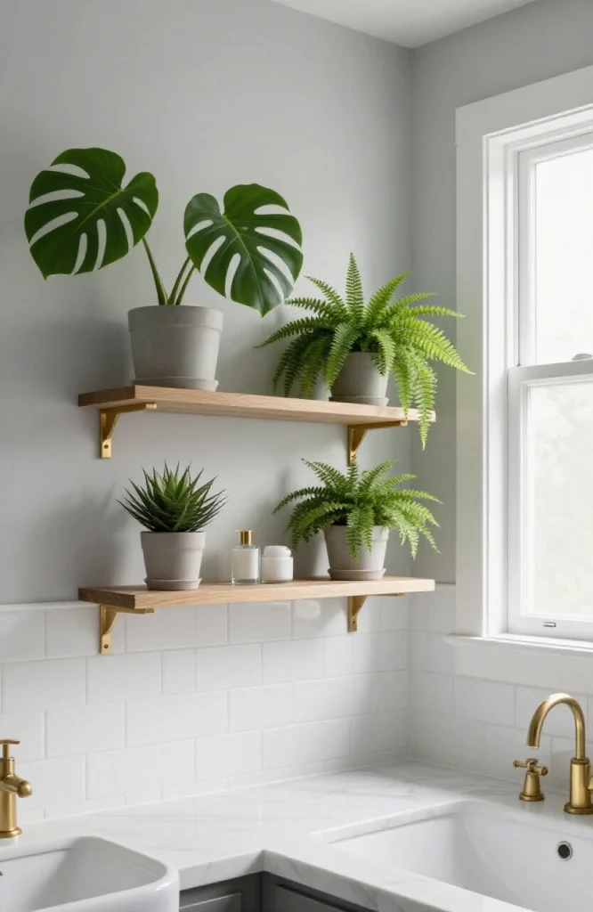 Bathroom with potted plants on shelves, natural wood accents, and green foliage creating a spa-like atmosphere