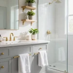 Modern bathroom renovation with white subway tiles, floating vanity, and contemporary fixtures