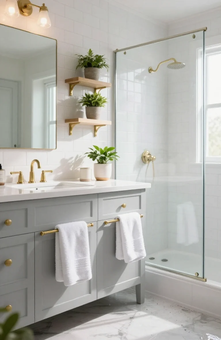 Modern bathroom renovation with white subway tiles, floating vanity, and contemporary fixtures