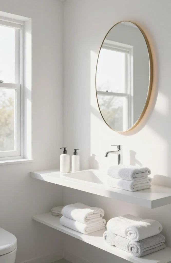 Organized bathroom renovation planning with design samples, color swatches, and planning materials on workspace