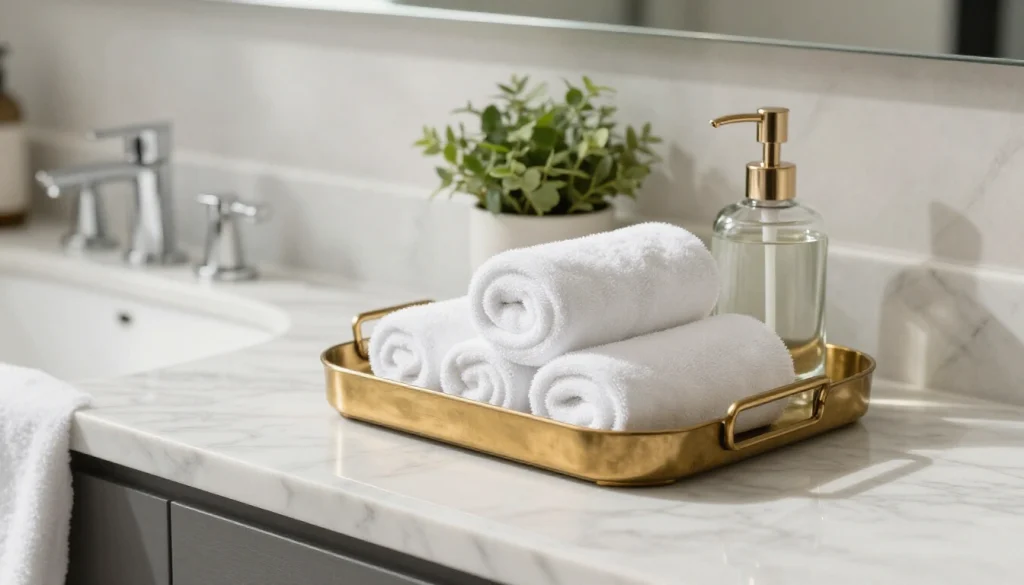 Styled bathroom vanity tray with organized toiletries, candles, and decorative accessories for bathroom storage