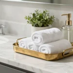 Styled bathroom vanity tray with organized toiletries, candles, and decorative accessories for bathroom storage