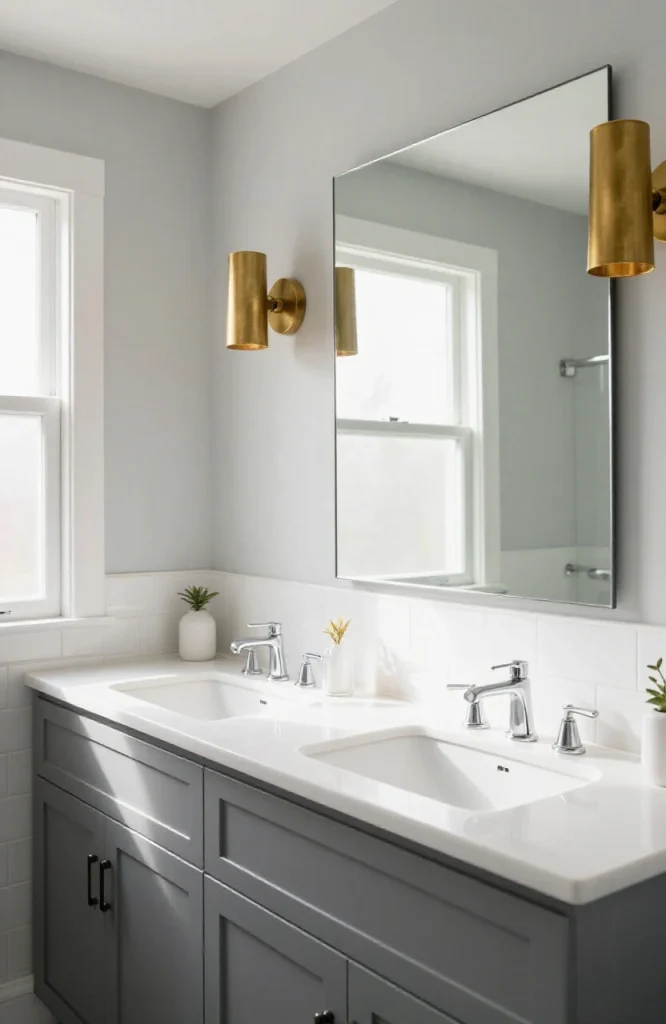 Contemporary bathroom with bright LED vanity lights above white sink and framed mirror