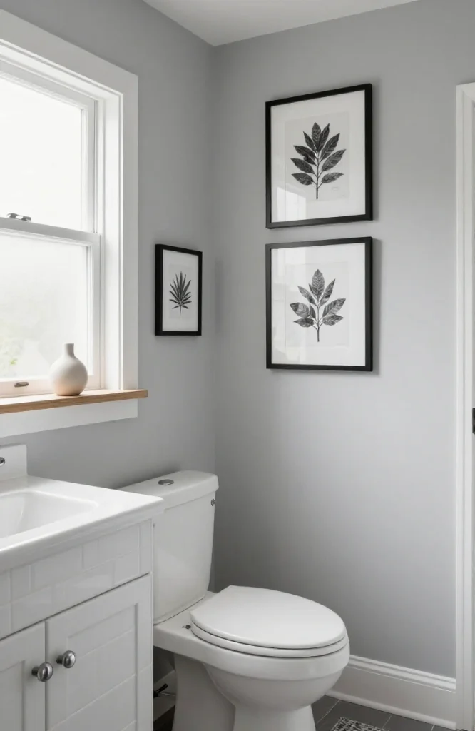 Modern bathroom with framed wall art, potted plants, and decorative accessories on floating shelf
