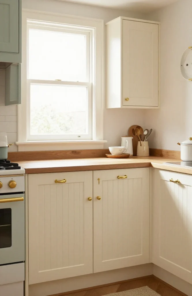 Cream and sage beadboard cabinet doors in a small Victorian kitchen with traditional hardware and vintage styling