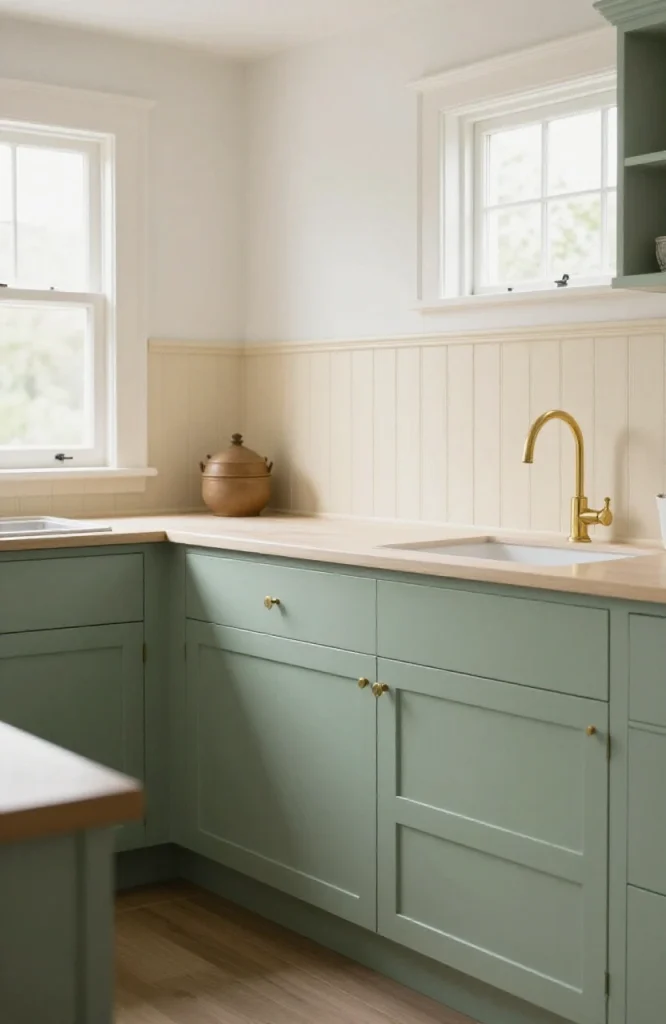 Victorian kitchen with white beadboard wainscoting paneling extending to counter height on lower walls