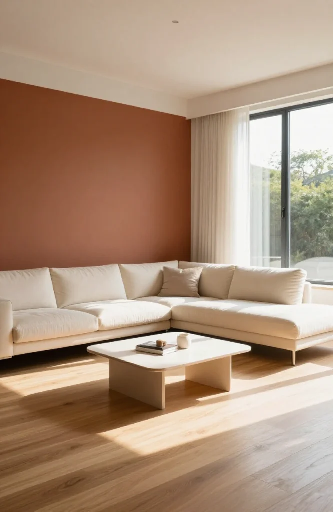 Beige cream colored L-shaped sectional sofa positioned in bright modern living room with neutral decor