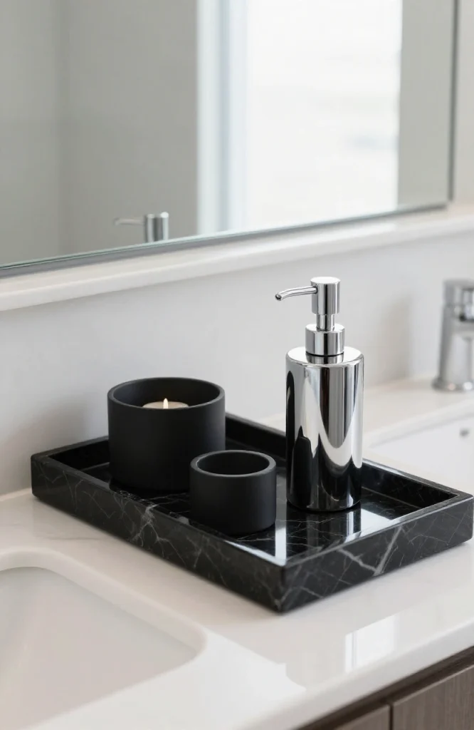 Black marble bathroom tray with elegant veining displayed on white vanity countertop