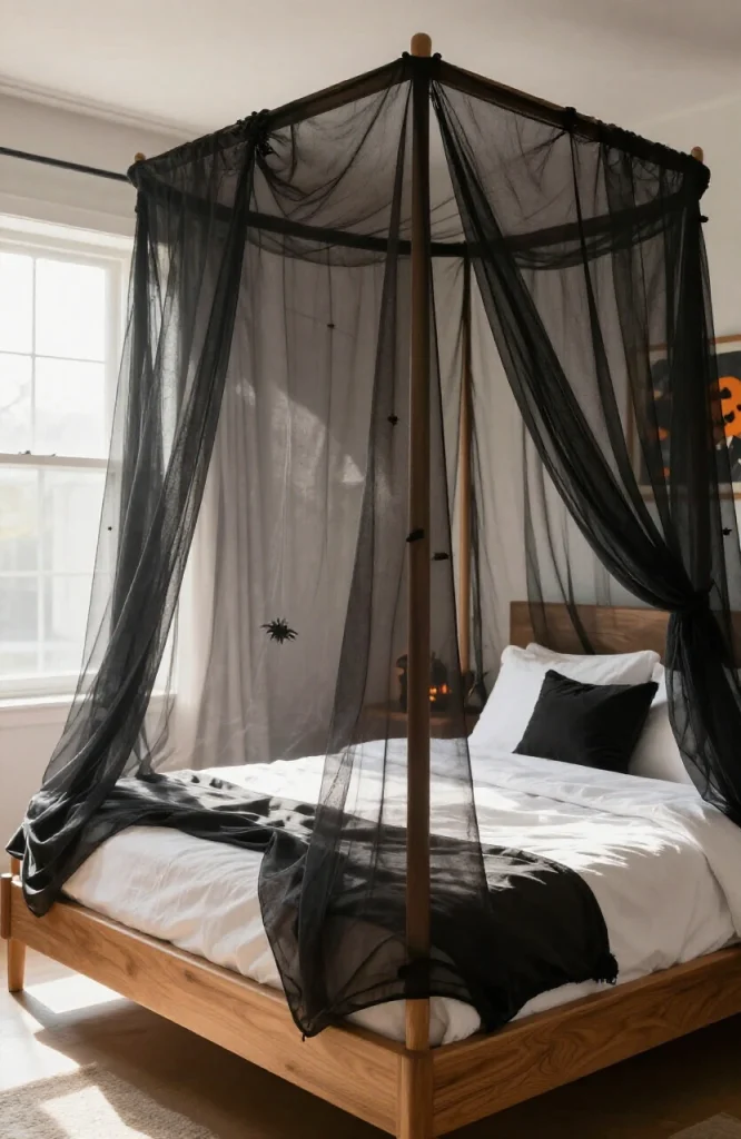 Black sheer canopy draped over bed creating dramatic Halloween atmosphere in bedroom