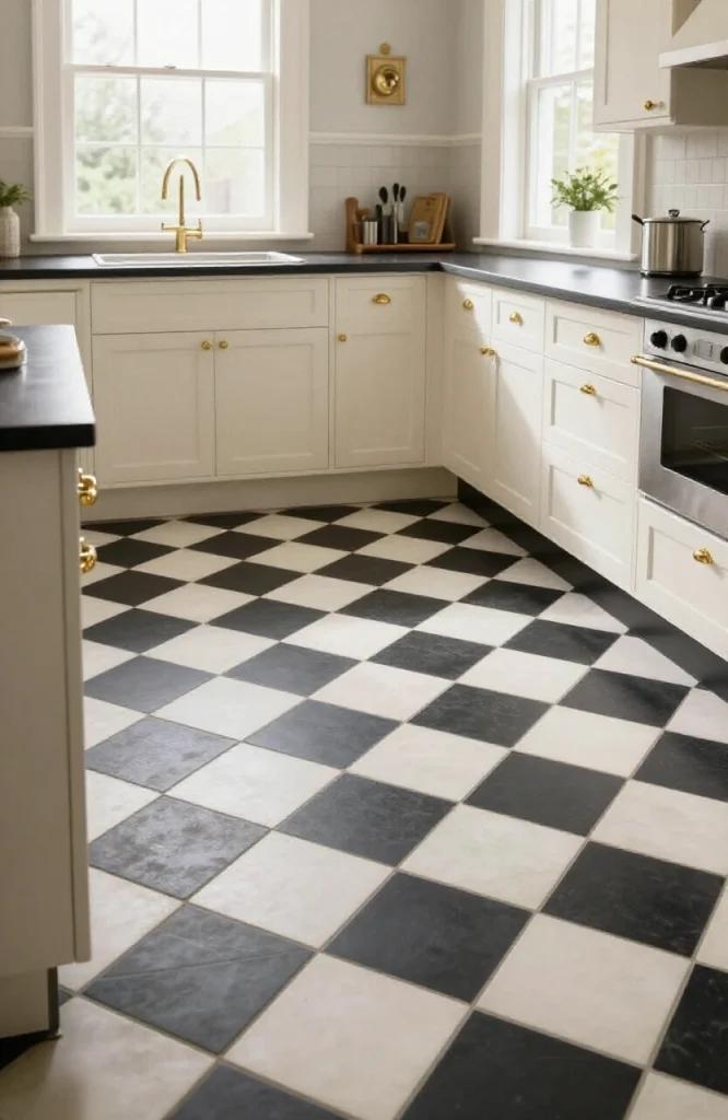 Victorian kitchen with black and white checkerboard encaustic tile floor pattern, classic design element