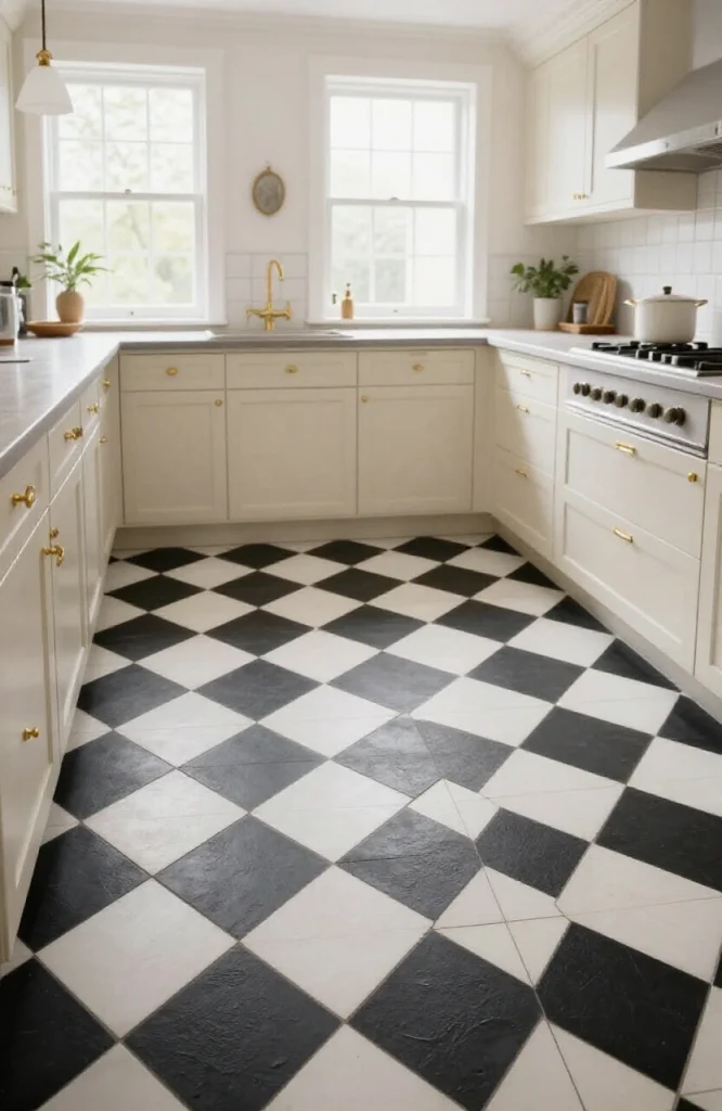 Victorian kitchen floor with classic black and white encaustic tile checkerboard pattern