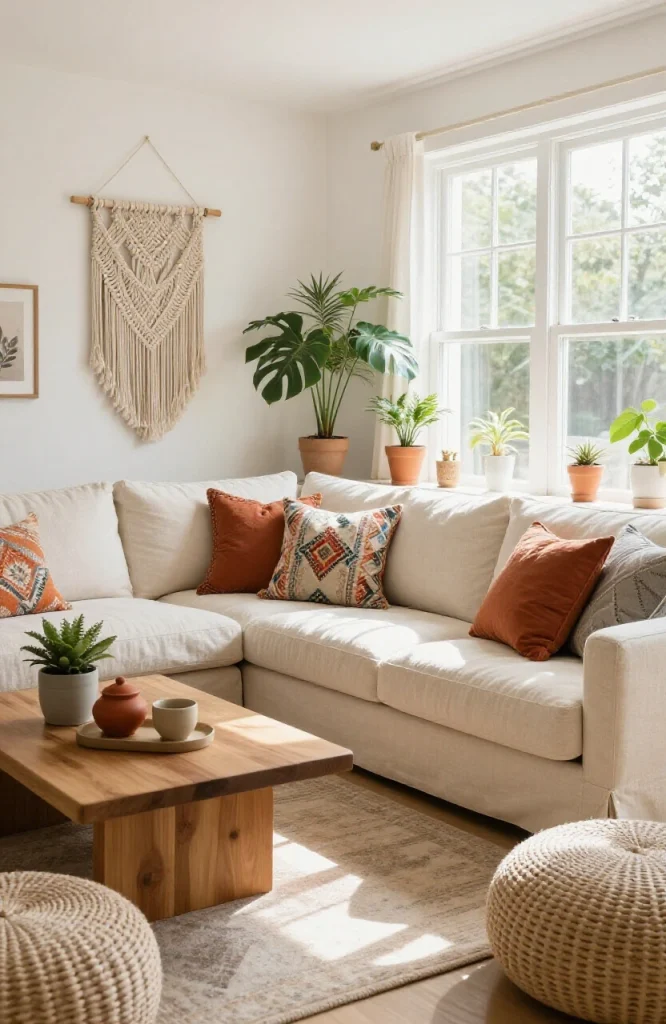Bohemian L-shaped sofa with patterned pillows and warm earth tones in a layered living room design
