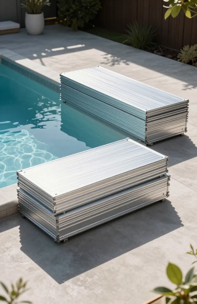 Bolt-together modular aluminum plunge pool kit with interlocking frame panels and assembled structure in small yard