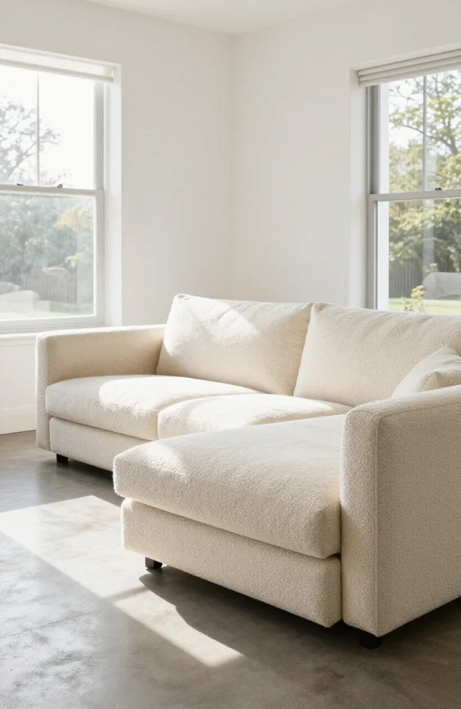 Modern boucle textured L-shaped sofa in neutral cream color positioned in contemporary living room with natural lighting