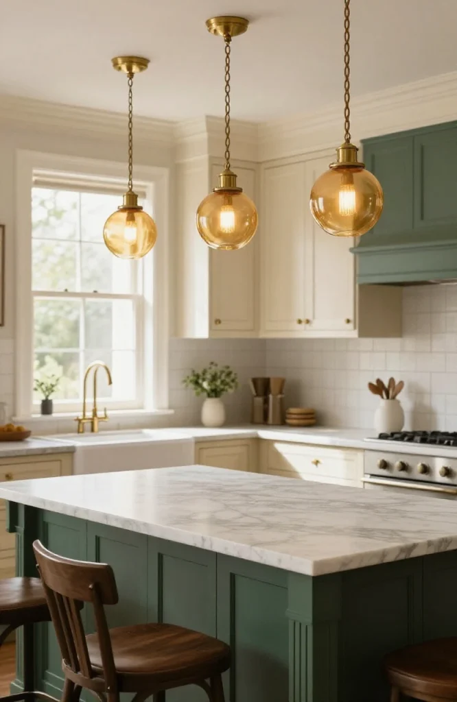 Victorian kitchen with brass pendant lights featuring clear and amber glass globe shades hanging above island counter