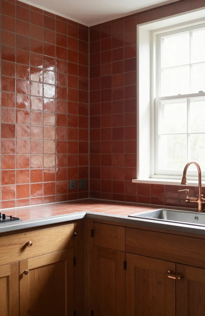 Victorian scullery kitchen with brick-effect ceramic floor tiles, period-appropriate cabinetry, and vintage-style fixtures