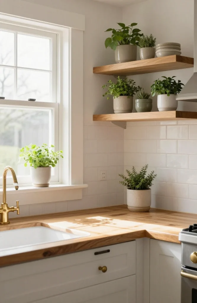 Natural wood butcher block countertop with warm grain pattern and rich honey finish in modern kitchen