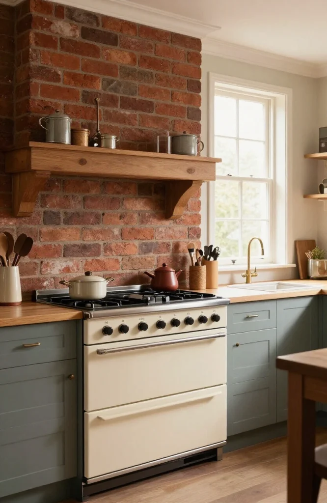Vintage cast-iron cooking range with cream enamel finish positioned against exposed brick wall in traditional Victorian kitch