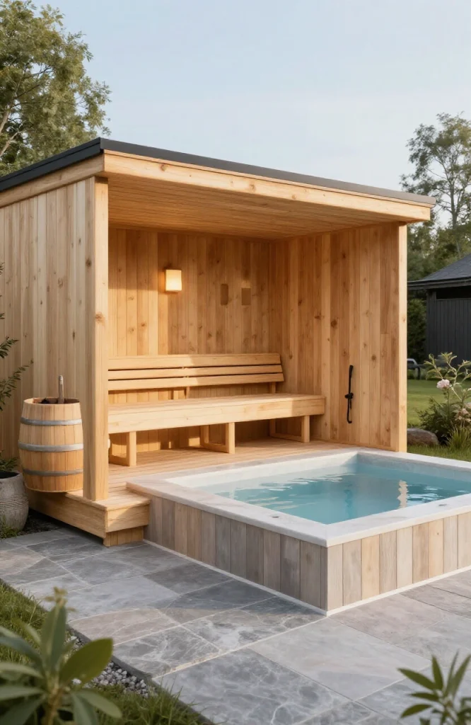 Cedar sauna structure next to small cold plunge pool in compact 15x15 foot backyard space