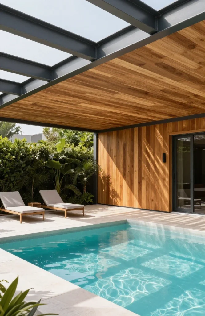Cedar pergola structure installed directly above plunge pool providing shade and architectural definition for small yard pool