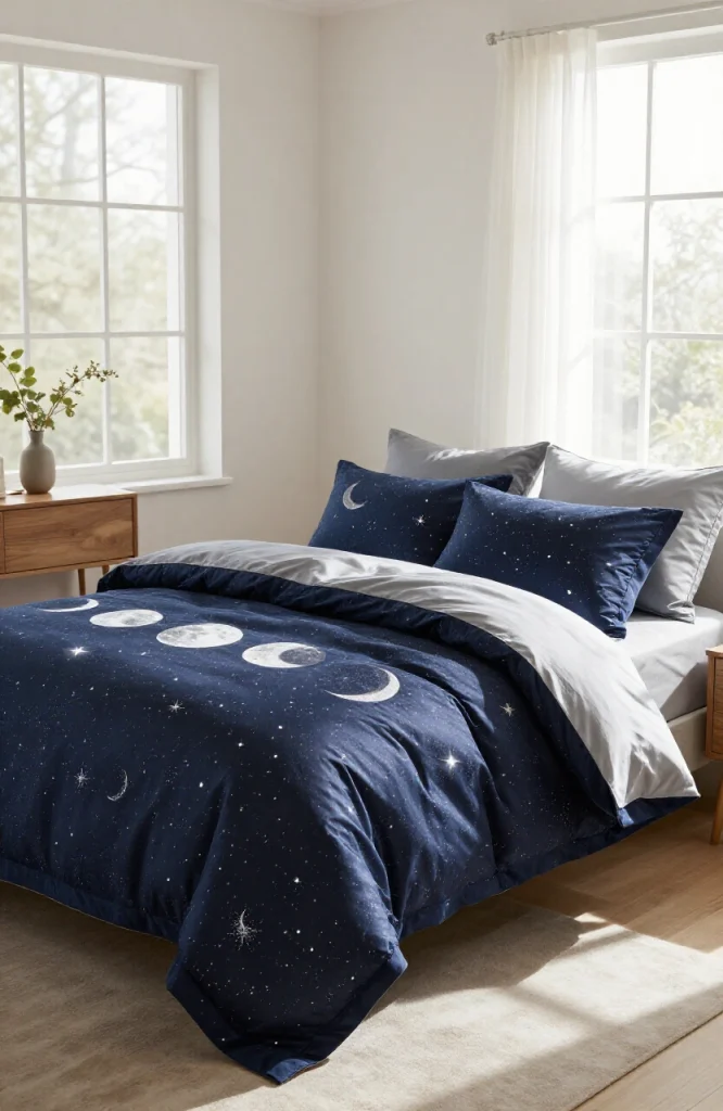 Black bedding with white celestial moons and stars pattern creating a Halloween aesthetic