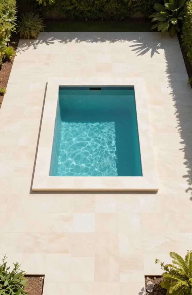 Square plunge pool centered in small yard with symmetrical paving stones and landscaping on both sides