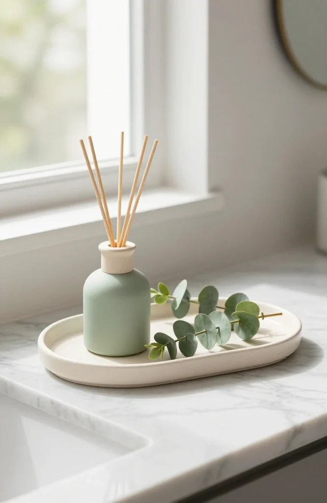 White ceramic tray holding a reed diffuser and potted green plant for bathroom vanity styling and organization