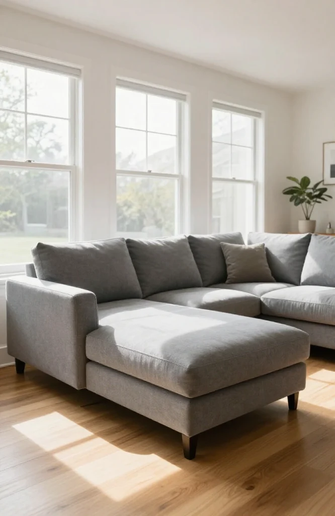 Modern L-shaped sofa with extended chaise lounge section in neutral fabric