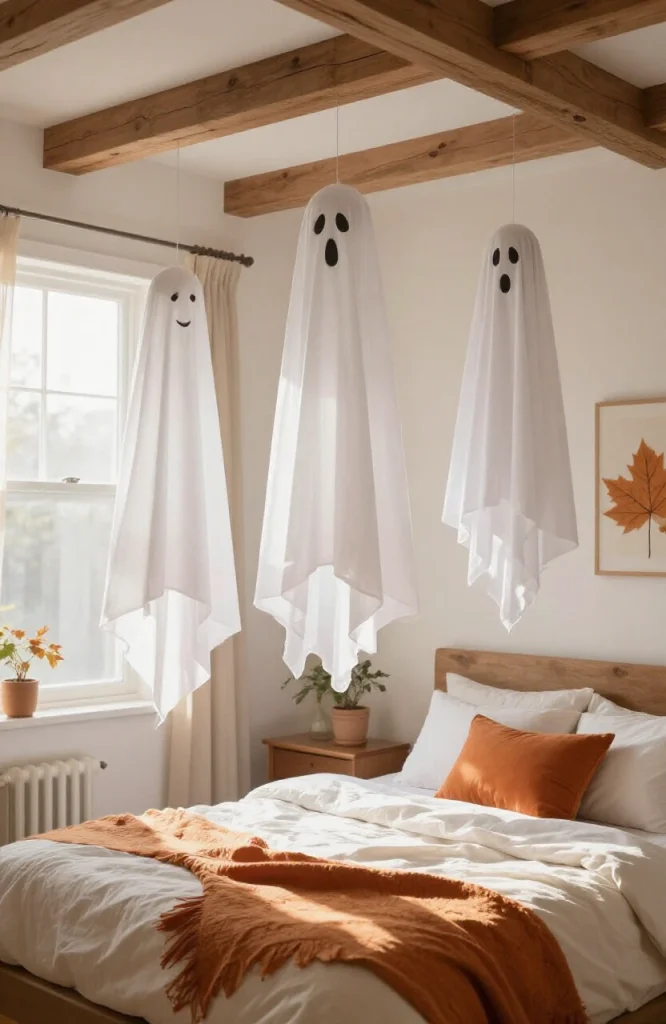 Three white cheesecloth ghost decorations suspended at varying heights from a bedroom ceiling with string