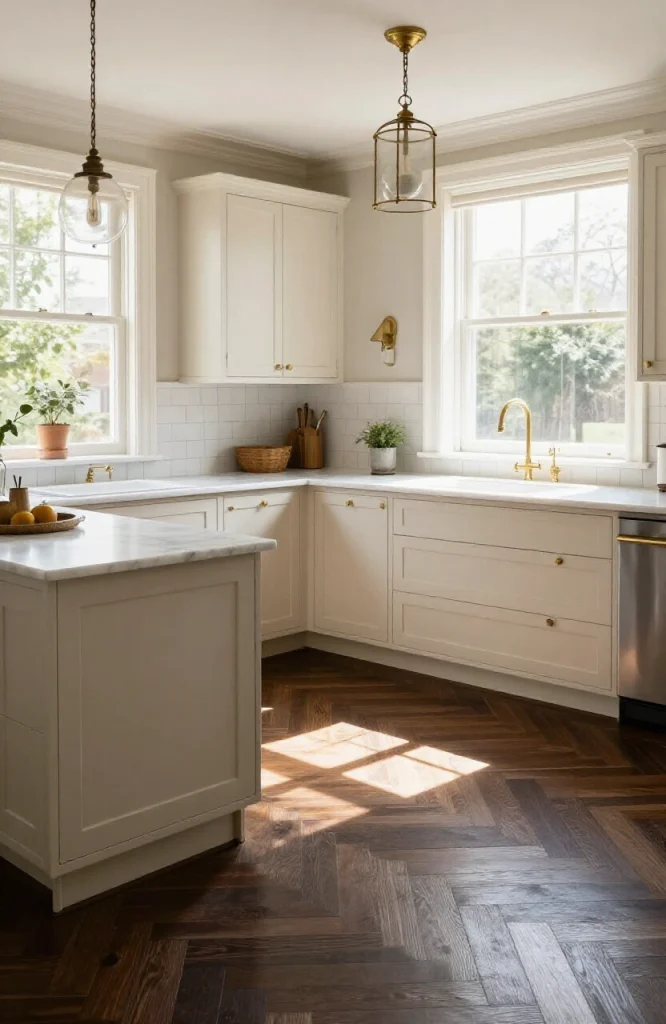 Dark oak chevron wood flooring pattern in Victorian kitchen as herringbone alternative