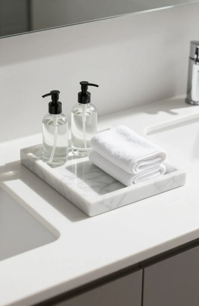 White marble bathroom vanity tray with elegant finish holding cosmetics and bath accessories
