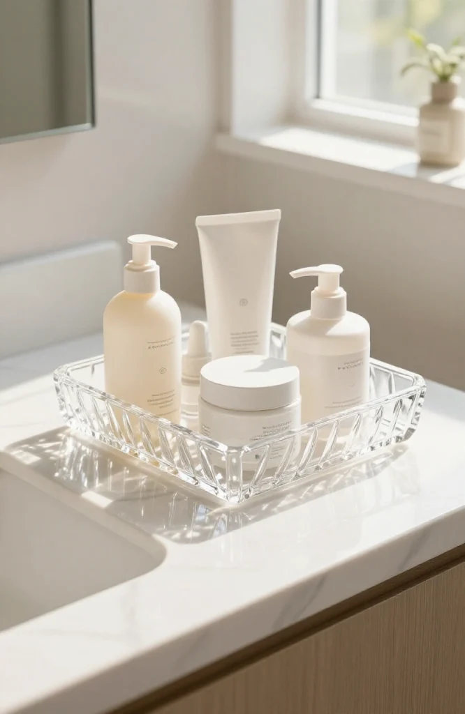 Clear acrylic bathroom tray displaying organized toiletries and accessories on a vanity countertop